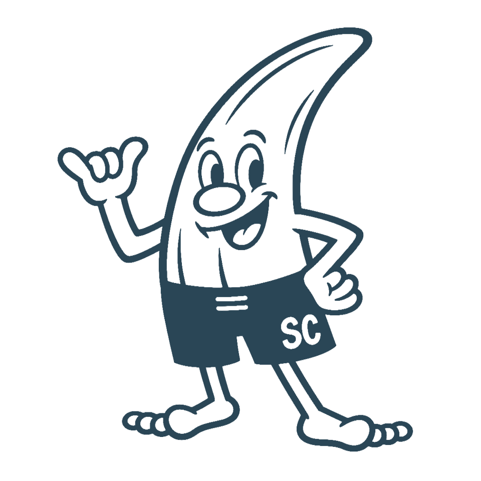 Mascotte surf-camp.fr, aileron de surf vintage